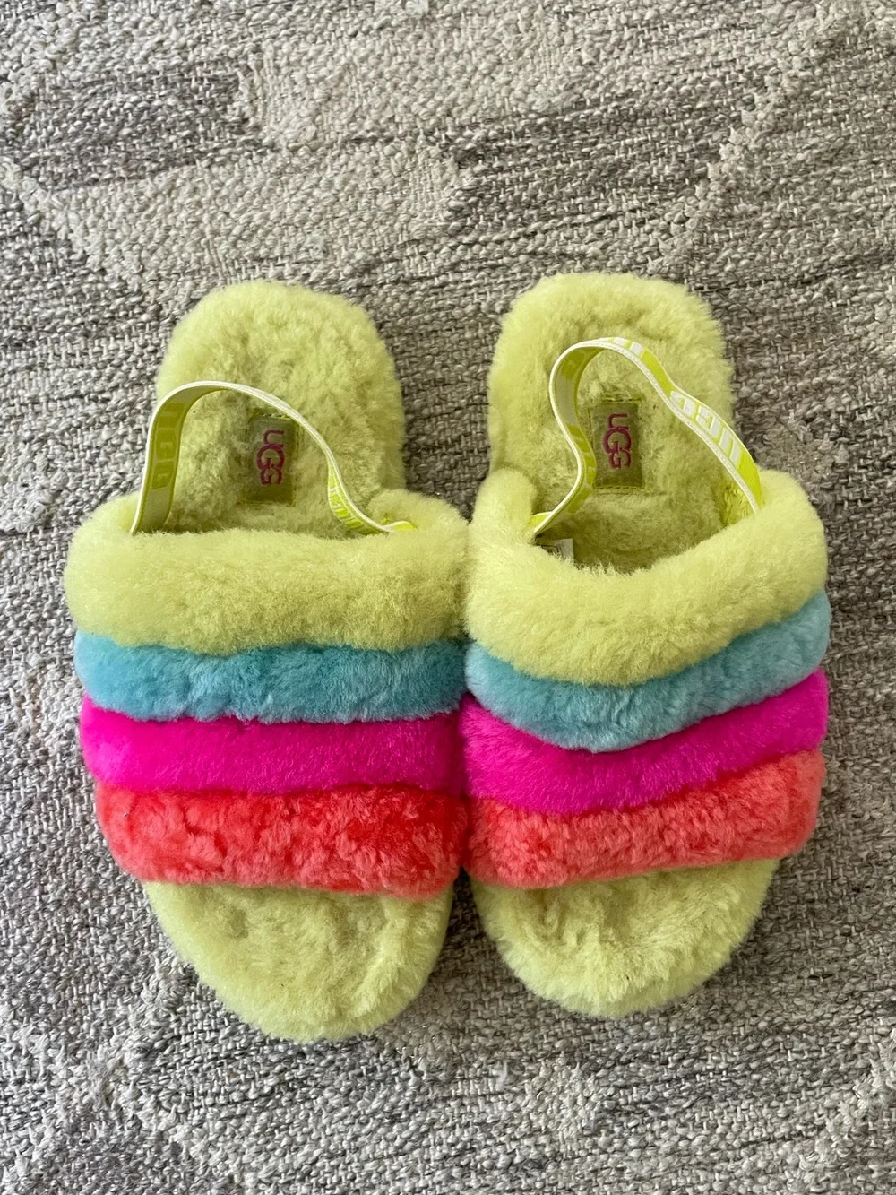 UGG Kids Multicolor Plush Slide Slippers - Lime, Blue, Pink, Coral
